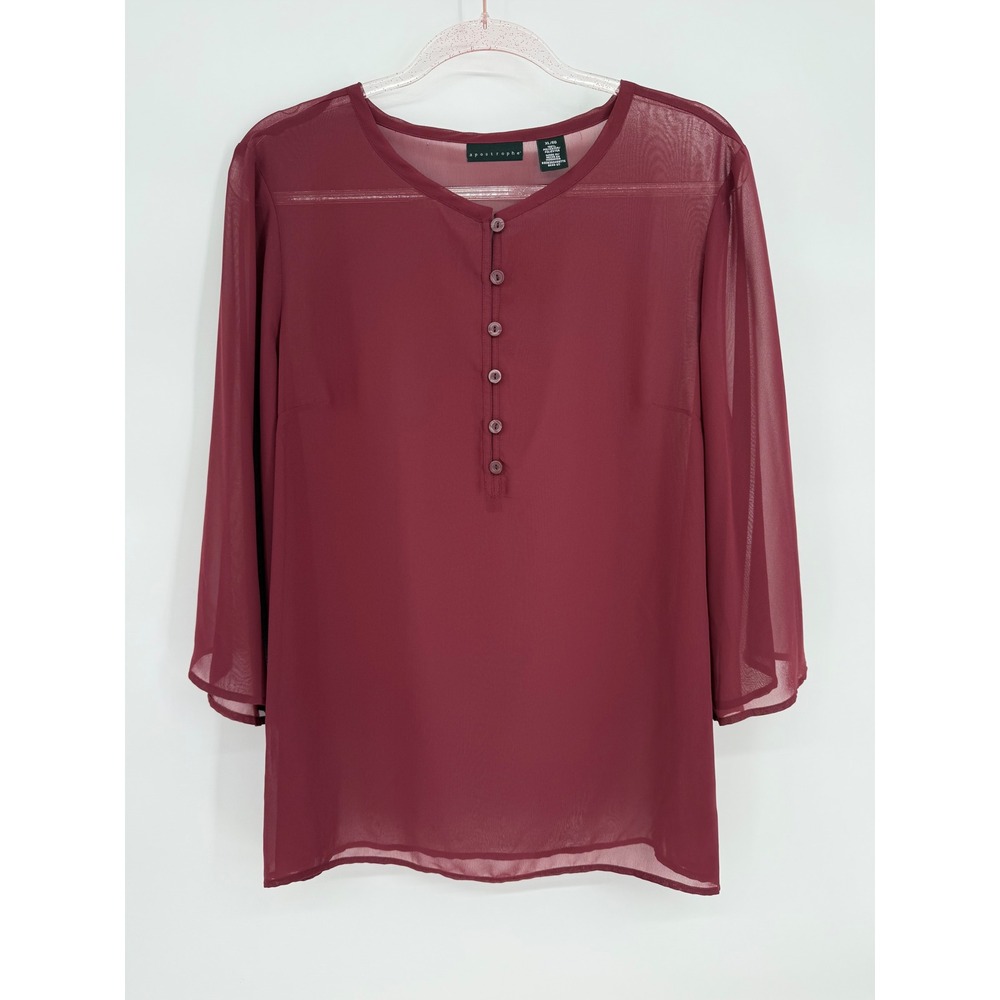 Apostrophe Womens Burgundy Sheer Henley Blouse 3/4‎ Sleeve Wine Red Top Sz XL